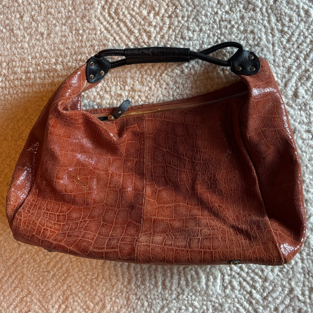 Lola Bernard Hobo Bag Brown Leather Croc Embossed Purse Black Liner